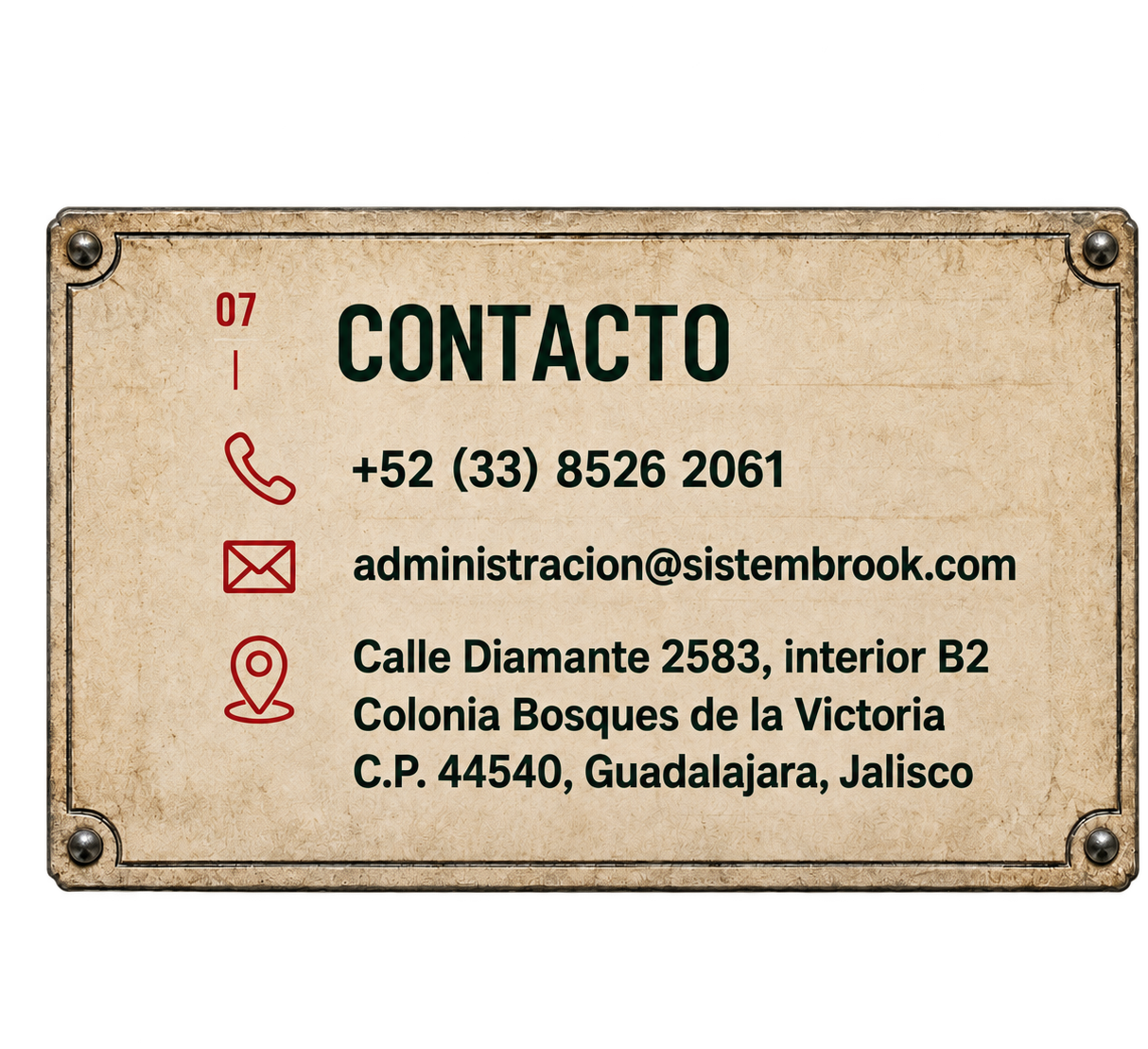 Placa de contacto de Sistembrook con teléfono, correo y dirección
